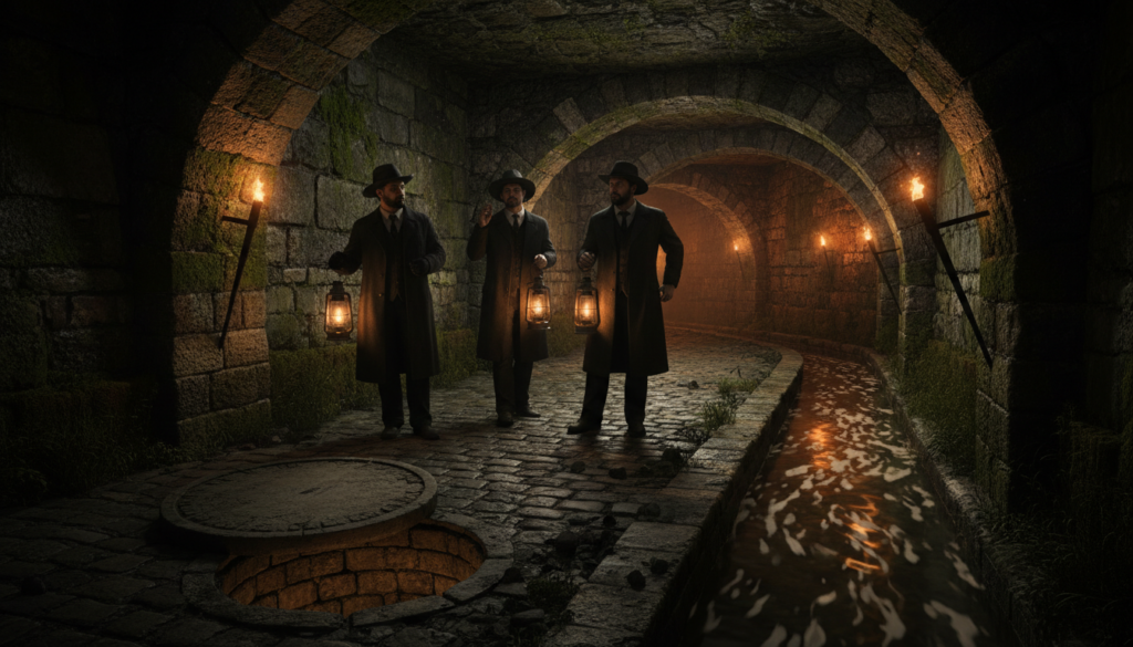 A dimly lit medieval Paris sewer, showcasing intricate stone archways and cobblestone pathways, exuding historic charm. In the foreground, a worn stone manhole cover partially opened, revealing dark, mysterious depths below. The middle ground features shadowy figures in professional attire, holding lanterns, exploring the ancient drainage system, their expressions a mix of curiosity and awe. In the background, water gently flows along the narrow channel, reflecting the soft glow of flickering torches mounted on the walls. Cinematic lighting creates an atmospheric glow, enhancing the texture of the damp stones and moss. The scene evokes a sense of exploration and historical wonder, highlighting the architectural marvel of Paris's underground legacy, captured in stunning 8k resolution.