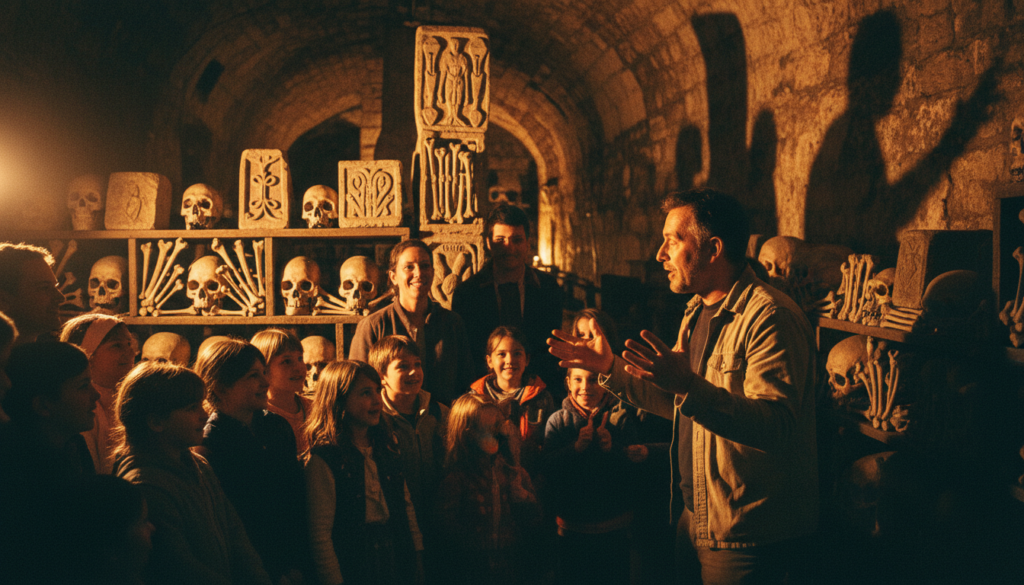 A family-friendly catacombs tour scene, featuring a diverse group of children and their parents, exploring the dimly lit tunnels of the Paris catacombs. The foreground showcases the family engaging with an interactive storyteller, who is animatedly narrating a fascinating tale with gestures. The middle ground highlights intricate ancient stone carvings and bone displays, adding to the atmosphere of exploration. In the background, shadows dance along the rugged walls illuminated by warm, cinematic lighting, enhancing the mystery of the catacombs. The image captures a sense of wonder and adventure, depicting families wearing casual, modest clothing, in highly detailed textures at 8k resolution, inviting viewers into this unique experience.