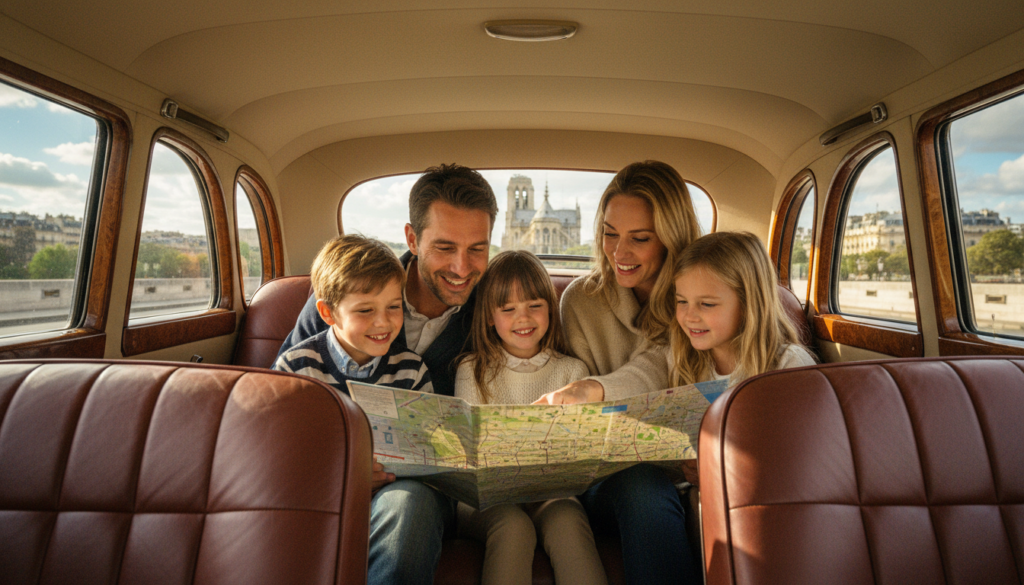 A family-friendly private driver tour of Paris featuring a smiling family with two children, all dressed in casual yet stylish clothing. In the foreground, the family is seated comfortably in a luxurious car, excitedly looking at a map of Paris. The middle ground showcases iconic Parisian landmarks like the Eiffel Tower and Notre-Dame Cathedral, clearly visible through the car windows. The background captures a bright and cheerful day, with fluffy clouds and blue skies enhancing the atmosphere. The scene is illuminated with soft, cinematic lighting, creating a warm, inviting mood. The composition is framed at eye level, providing a sense of intimacy and connection to the experience. Highly detailed textures in the car's interior and the visible landmarks, rendered in stunning 8k resolution.