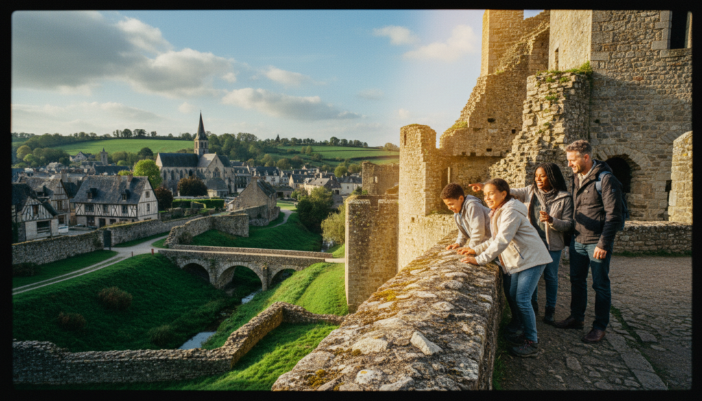 A family-friendly tour in Normandy, featuring children exploring historical sites, captured in a vibrant and engaging scene. In the foreground, a diverse family of four, dressed in comfortable casual clothing, eagerly investigates a centuries-old castle with excitement. The middle ground reveals lush green fields and impressive stone structures typical of Normandy's rich history. In the background, a picturesque village with charming houses and blue skies adds depth to the scene. The lighting is warm and soft, reminiscent of a sunny afternoon, creating an inviting atmosphere. The composition uses a wide-angle lens to encompass the surroundings, and the image is rendered in 8k resolution with highly detailed textures, enhancing the overall cinematic quality. A family-friendly tour in Normandy, featuring children exploring historical sites, captured in a vibrant and engaging scene. In the foreground, a diverse family of four, dressed in comfortable casual clothing, eagerly investigates a centuries-old castle with excitement. The middle ground reveals lush green fields and impressive stone structures typical of Normandy's rich history. In the background, a picturesque village with charming houses and blue skies adds depth to the scene. The lighting is warm and soft, reminiscent of a sunny afternoon, creating an inviting atmosphere. The composition uses a wide-angle lens to encompass the surroundings, and the image is rendered in 8k resolution with highly detailed textures, enhancing the overall cinematic quality.