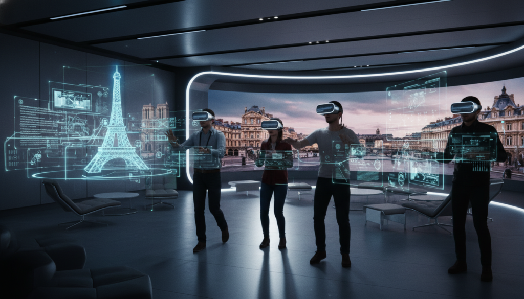 A futuristic scene showcasing a group of diverse tourists engaged in a virtual reality tour of Paris, positioned in a modern, tech-savvy space. In the foreground, individuals wearing sleek VR headsets explore holographic landmarks such as the Eiffel Tower and the Louvre, their expressions filled with wonder. The middle layer features realistic 3D projections of iconic Parisian architecture, surrounded by interactive digital elements that enhance the immersive experience. The background captures the ambiance of a stylish, well-lit room with contemporary design, high-tech screens displaying Parisian vistas. Cinematic lighting highlights the textures of the technology, creating a vibrant atmosphere of innovation and adventure. The image is rendered in 8k resolution, ensuring rich details and dynamic shadows.