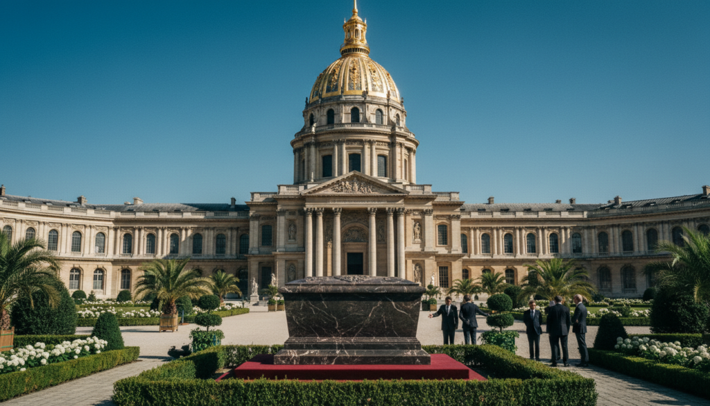 A grand view of Napoleon's tomb at Les Invalides, showcasing the ornate gilded dome and intricate architectural details of the building. In the foreground, a polished marble sarcophagus elegantly rests on a red pedestal, surrounded by lush greenery and manicured gardens. The middle ground captures visitors dressed in professional business attire, respectfully observing and discussing the historical significance, highlighting the informative nature of the tour. The background features the majestic facade of Les Invalides under a clear blue sky, illuminated by soft, cinematic lighting that enhances the rich textures and colors of the scene. The atmosphere is one of reverence and awe, inviting viewers to immerse themselves in the depth of Napoleonic history. Shot in 8k resolution for stunning detail.