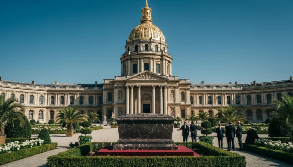 Vue imprenable sur le tombeau de Napoléon aux Invalides, révélant la coupole dorée ornée et les détails architecturaux raffinés de l'édifice. Au premier plan, un sarcophage de marbre poli repose avec élégance sur un piédestal rouge, entouré d'une végétation luxuriante et de jardins soignés. Au second plan, des visiteurs en tenue professionnelle observent avec respect le lieu et commentent son importance historique, soulignant ainsi le caractère instructif de la visite. À l'arrière-plan se dresse la majestueuse façade des Invalides sous un ciel d'un bleu limpide, baignée d'une lumière douce et cinématographique qui sublime les textures et les couleurs de la scène. L'atmosphère est empreinte de recueillement et d'admiration, invitant le spectateur à s'immerger dans l'histoire napoléonienne. Filmé en résolution 8K pour une netteté exceptionnelle. Vue imprenable sur le tombeau de Napoléon aux Invalides, révélant la coupole dorée ornée et les détails architecturaux raffinés de l'édifice. Au premier plan, un sarcophage de marbre poli repose avec élégance sur un piédestal rouge, entouré d'une végétation luxuriante et de jardins soignés. Au second plan, des visiteurs en tenue professionnelle observent avec respect le lieu et commentent son importance historique, soulignant ainsi le caractère instructif de la visite. À l'arrière-plan se dresse la majestueuse façade des Invalides sous un ciel d'un bleu limpide, baignée d'une lumière douce et cinématographique qui sublime les textures et les couleurs de la scène. L'atmosphère est empreinte de recueillement et d'admiration, invitant le spectateur à s'immerger dans l'histoire napoléonienne. Filmé en résolution 8K pour une netteté exceptionnelle.