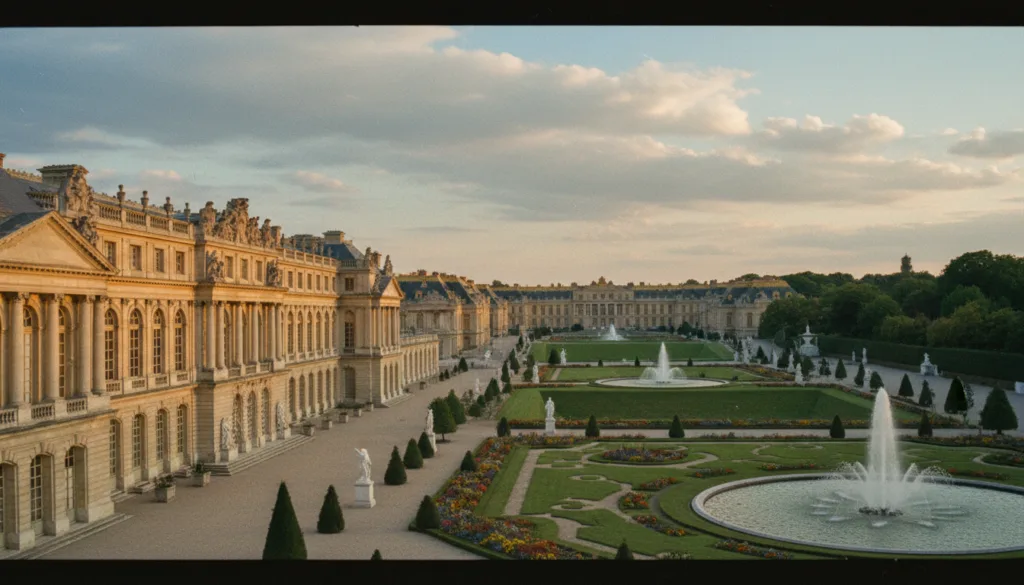 Une vue imprenable sur le château de Versailles, révélant au premier plan ses magnifiques détails architecturaux et son imposante façade. Autour du palais, de superbes jardins à la française s'étendent à perte de vue, avec leurs haies symétriques, leurs parterres fleuris éclatants et leurs élégantes fontaines qui scintillent sous la douce lumière dorée du soleil de fin d'après-midi. Au second plan, une pente douce mène au château, bordée d'arbres taillés avec soin et de sculptures classiques qui contribuent à l'atmosphère royale. À l'arrière-plan, un ciel serein, parsemé de nuages ​​blancs duveteux, ajoute de la profondeur à la scène. L'image entière, aux textures d'une grande finesse et présentée en résolution 8K époustouflante, évoque l'opulence et la grandeur historique dans un style cinématographique.