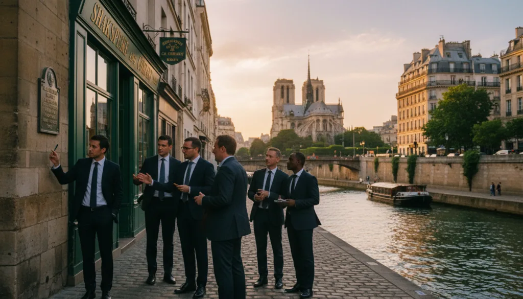 Un groupe de personnes aux profils variés, vêtues de tenues professionnelles, explore les charmantes rues de Paris lors d'une visite guidée sur le thème du patrimoine littéraire et intellectuel. Au premier plan, les participants examinent une plaque commémorative près de l'emblématique librairie Shakespeare and Company, tandis que l'architecture parisienne, notamment les immeubles haussmanniens, complète le tableau. Au second plan, la Seine scintille sous la douce lumière dorée du crépuscule, projetant de chauds reflets. À l'arrière-plan se dessine la silhouette de la cathédrale Notre-Dame sur un ciel pittoresque. L'atmosphère est intellectuellement stimulante, invitant à la curiosité et à l'admiration pour les grands noms de la littérature. L'image devrait être prise en haute résolution, dans un style photographique brut, afin de mettre en valeur les textures et les détails, avec un éclairage cinématographique pour renforcer l'impression d'exploration et d'apprentissage. Un groupe de personnes aux profils variés, vêtues de tenues professionnelles, explore les charmantes rues de Paris lors d'une visite guidée sur le thème du patrimoine littéraire et intellectuel. Au premier plan, les participants examinent une plaque commémorative près de l'emblématique librairie Shakespeare and Company, tandis que l'architecture parisienne, notamment les immeubles haussmanniens, complète le tableau. Au second plan, la Seine scintille sous la douce lumière dorée du crépuscule, projetant de chauds reflets. À l'arrière-plan se dessine la silhouette de la cathédrale Notre-Dame sur un ciel pittoresque. L'atmosphère est intellectuellement stimulante, invitant à la curiosité et à l'admiration pour les grands noms de la littérature. L'image devrait être prise en haute résolution, dans un style photographique brut, afin de mettre en valeur les textures et les détails, avec un éclairage cinématographique pour renforcer l'impression d'exploration et d'apprentissage.