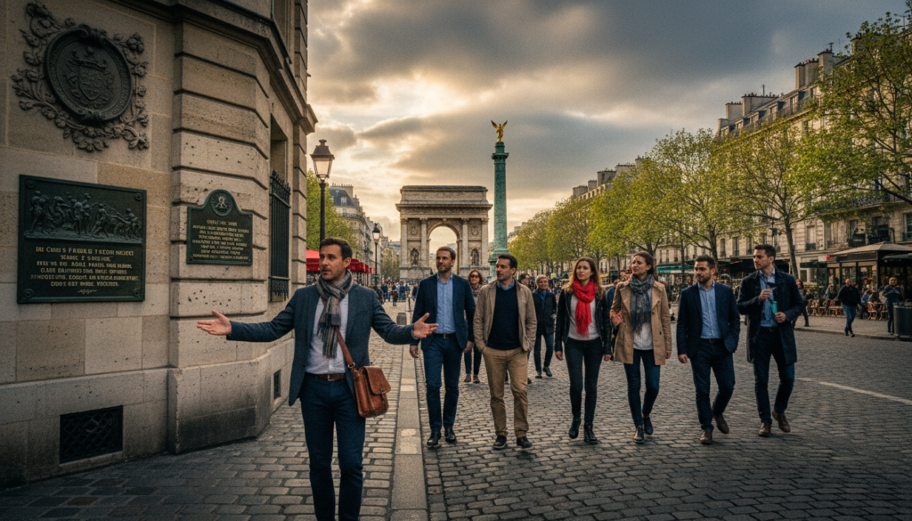 A group of diverse tourists, dressed in smart casual attire, walking along the cobblestone streets of Paris, exploring significant sites from the French Revolution. In the foreground, a knowledgeable tour guide gestures animatedly, pointing at detailed historical plaques on a grand building with classic French architecture. The middle ground features iconic landmarks like the Bastille, with lush trees lining the streets and cafés bustling with patrons. In the background, a dramatic sky casts soft cinematic lighting, highlighting the vibrant energy of the city. The scene is richly textured, capturing the essence of history and culture. The image is in 8k resolution to enhance visual fidelity.