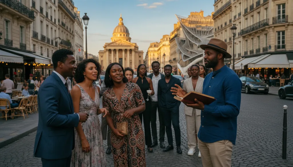 Un groupe de touristes d'horizons divers profite d'une visite guidée personnalisée à Paris, mettant en lumière la richesse de l'histoire et de la culture de la diaspora africaine. Au premier plan, des personnes élégantes discutent, désignant des sites emblématiques comme le Panthéon et le musée du quai Branly. Au second plan, un guide passionné partage avec érudition des récits, dont les détails et les textures sont capturés en résolution 8K. À l'arrière-plan, une rue parisienne animée, bordée d'architecture historique et de terrasses de cafés joliment éclairées, baignée d'une lumière douce et cinématographique qui crée une atmosphère chaleureuse et accueillante. L'ambiance générale est à la découverte et au partage, soulignant la perspective unique de l'héritage afro-américain dans la Ville Lumière. Un groupe de touristes d'horizons divers profite d'une visite guidée personnalisée à Paris, mettant en lumière la richesse de l'histoire et de la culture de la diaspora africaine. Au premier plan, des personnes élégantes discutent, désignant des sites emblématiques comme le Panthéon et le musée du quai Branly. Au second plan, un guide passionné partage avec érudition des récits, dont les détails et les textures sont capturés en résolution 8K. À l'arrière-plan, une rue parisienne animée, bordée d'architecture historique et de terrasses de cafés joliment éclairées, baignée d'une lumière douce et cinématographique qui crée une atmosphère chaleureuse et accueillante. L'ambiance générale est à la découverte et au partage, soulignant la perspective unique de l'héritage afro-américain dans la Ville Lumière.