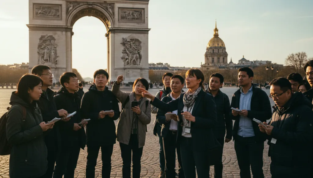 Un groupe de touristes aux profils variés participe à une visite guidée historique des sites militaires et politiques de Paris, avec en toile de fond des monuments emblématiques comme l'Arc de Triomphe et les Invalides. Au premier plan, le guide, un homme érudit en tenue professionnelle, partage avec passion des anecdotes sur des événements et des personnalités marquantes. Au centre, les touristes, d'origines diverses, écoutent attentivement et prennent parfois des notes. En arrière-plan, la silhouette pittoresque de Paris se dessine sous une douce lumière dorée, renforçant l'atmosphère de découverte et la dimension historique des lieux. L'image capture avec une grande précision les détails architecturaux, avec une touche cinématographique, offrant une photographie brute en résolution 8K aux textures haute définition qui confèrent une impression de profondeur et d'immersion totale dans la visite. Un groupe de touristes aux profils variés participe à une visite guidée historique des sites militaires et politiques de Paris, avec en toile de fond des monuments emblématiques comme l'Arc de Triomphe et les Invalides. Au premier plan, le guide, un homme érudit en tenue professionnelle, partage avec passion des anecdotes sur des événements et des personnalités marquantes. Au centre, les touristes, d'origines diverses, écoutent attentivement et prennent parfois des notes. En arrière-plan, la silhouette pittoresque de Paris se dessine sous une douce lumière dorée, renforçant l'atmosphère de découverte et la dimension historique des lieux. L'image capture avec une grande précision les détails architecturaux, avec une touche cinématographique, offrant une photographie brute en résolution 8K aux textures haute définition qui confèrent une impression de profondeur et d'immersion totale dans la visite.