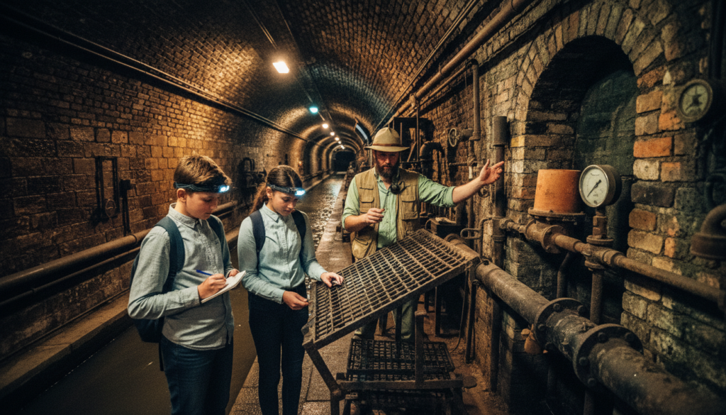A group of enthusiastic students engaged in an educational workshop inside the historic Paris sewers, showcasing their curiosity and excitement. In the foreground, three students in modest casual clothing, one holding a notepad and another examining a sewer artifact, illuminated by warm, cinematic lighting that enhances the textures of the damp stone walls. In the middle, a knowledgeable instructor pointing out features of the sewer system, surrounded by rich details of pipes and old bricks, depicting the ambiance of an underground educational experience. The background reveals the iconic architectural elements of the ancient sewer, with dimly lit tunnels extending into the distance, all captured in highly detailed textures and vibrant colors, presented in 8k resolution to convey the unique atmosphere of learning in Paris's underground.
