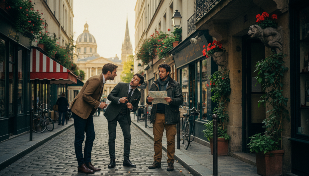 A group of four specialist operators engaged in an interesting tour in Paris, captured in a vibrant street scene. In the foreground, two of the operators, dressed in smart casual clothing, passionately discuss a unique architectural feature of a hidden café. In the middle ground, a third operator enthusiastically interacts with a small group of tourists, pointing towards historic landmarks. The scene is set against the backdrop of a charming, cobblestone Parisian street lined with quaint shops and flowering window boxes. The lighting is warm and inviting, reminiscent of golden hour, with soft shadows enhancing the textures of the buildings. The overall atmosphere is lively and engaging, conveying the excitement of discovering offbeat experiences in the heart of Paris. 8k resolution, raw photograph quality, cinematic depth of field. A group of four specialist operators engaged in an interesting tour in Paris, captured in a vibrant street scene. In the foreground, two of the operators, dressed in smart casual clothing, passionately discuss a unique architectural feature of a hidden café. In the middle ground, a third operator enthusiastically interacts with a small group of tourists, pointing towards historic landmarks. The scene is set against the backdrop of a charming, cobblestone Parisian street lined with quaint shops and flowering window boxes. The lighting is warm and inviting, reminiscent of golden hour, with soft shadows enhancing the textures of the buildings. The overall atmosphere is lively and engaging, conveying the excitement of discovering offbeat experiences in the heart of Paris. 8k resolution, raw photograph quality, cinematic depth of field.