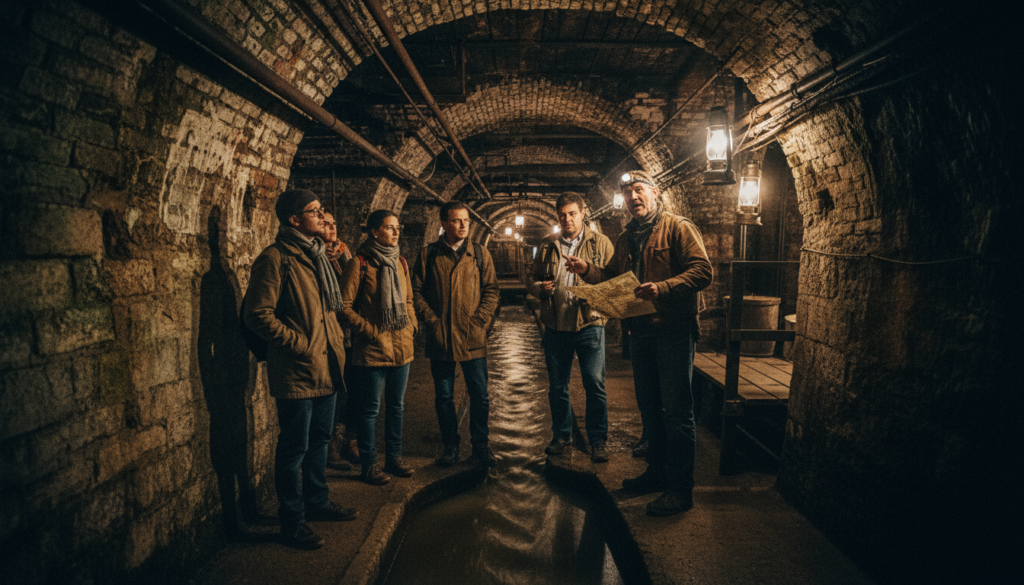 A guided sewer tour scene in the underground of Paris, showcasing a small group of visitors in modest casual clothing, attentively listening to a knowledgeable tour guide. In the foreground, detailed textures of the stone walls and flowing water create a sense of authenticity. The middle section features the group illuminated by soft, cinematic lighting that highlights their expressions of curiosity and wonder. The background reveals intricate sewer architecture, including arched ceilings and vintage lanterns casting warm light. The atmosphere is one of exploration and discovery, with a slight hint of mystery typical of the Paris underground, all rendered in stunning 8k resolution for a highly detailed and immersive experience.