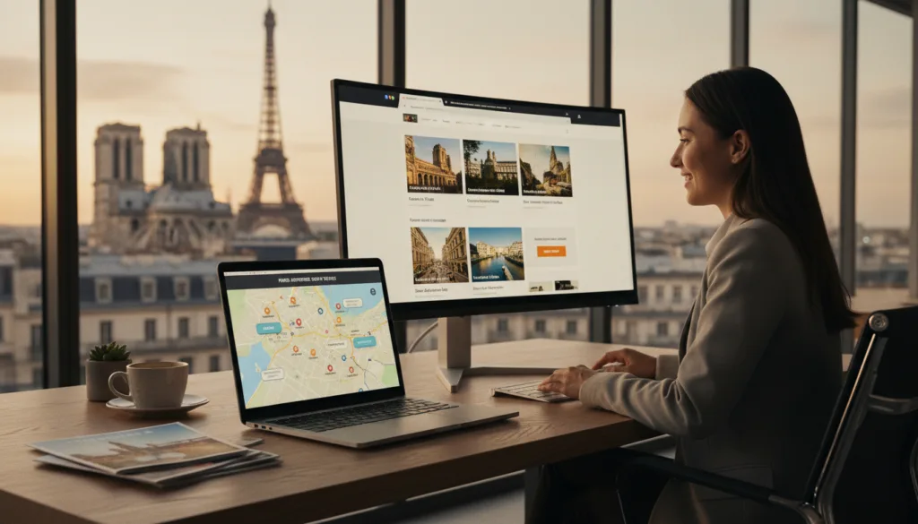Un espace de travail numérique soigné et attrayant, aménagé dans un bureau contemporain, met en scène un grand écran d'ordinateur affichant une plateforme de réservation de billets en ligne dédiée aux attractions parisiennes. Au premier plan, un élégant ordinateur portable repose sur un bureau minimaliste où s'alignent brochures touristiques et tasse de café, soulignant la simplicité d'organisation d'un voyage. Au second plan, une personne élégante, vêtue d'une tenue professionnelle, consulte le site avec désinvolture, affichant une impression d'enthousiasme et de concentration. À l'arrière-plan, de grandes fenêtres offrent une vue sur la Tour Eiffel et d'autres monuments emblématiques de Paris, baignés d'une lumière chaude et cinématographique qui renforce l'attrait du voyage. L'atmosphère générale est empreinte d'anticipation et d'aventure, invitant les visiteurs à explorer les différentes options pour leur séjour parisien. L'image doit être capturée en qualité photographique brute et en résolution 8K, garantissant des textures et une netteté exceptionnelles.