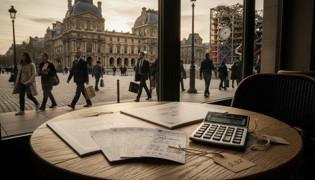 A highly detailed and realistic image showcasing the costs of major museums in Paris, such as the Louvre, Musée d'Orsay, and Centre Pompidou. In the foreground, a beautifully arranged table displays various ticket prices with elegant museum brochures, price tags, and a small calculator, all set in a softly lit café near a museum entrance. The middle ground features a stylish view of museum facades, showcasing their architectural grandeur under cinematic lighting. In the background, iconic Parisian streets are visible, bustling with people dressed in professional business attire and modest casual clothing, capturing the vibrant atmosphere of Paris tourism. The image should have rich textures and depth, presented in an 8k resolution with a warm, inviting mood that draws viewers into the world of Parisian art and culture.