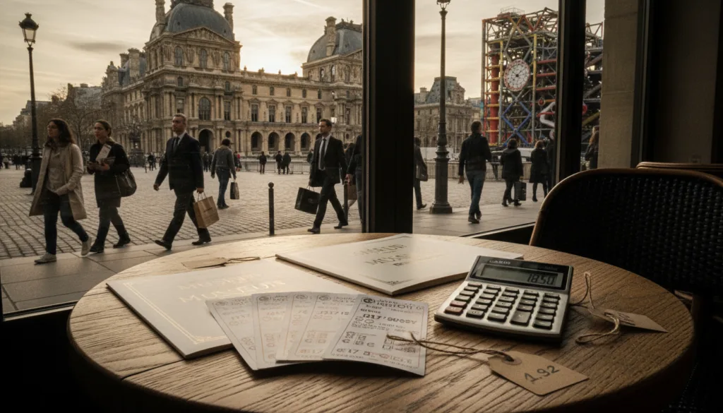 Una imagen muy detallada y realista que muestra los precios de los principales museos de París, como el Louvre, el Museo de Orsay y el Centro Pompidou. En primer plano, una mesa elegantemente dispuesta muestra diversos precios de entradas con elegantes folletos, etiquetas y una pequeña calculadora, todo ello en una cafetería con una iluminación tenue cerca de la entrada. En segundo plano, se aprecia una elegante vista de las fachadas de los museos, que muestran su majestuosidad arquitectónica bajo una iluminación cinematográfica. Al fondo, se ven icónicas calles parisinas, llenas de gente vestida con ropa formal y ropa informal discreta, capturando la vibrante atmósfera turística parisina. La imagen debe tener texturas ricas y profundidad, presentada en una resolución de 8k con un ambiente cálido y acogedor que atraiga al espectador al mundo del arte y la cultura parisinos.