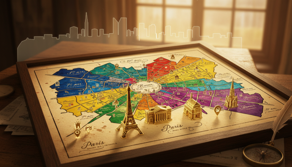 A highly detailed map of Paris, showcasing tourist attractions categorized by arrondissement, displayed in vibrant colors. In the foreground, clear markers symbolizing famous landmarks like the Eiffel Tower, Louvre Museum, and Notre-Dame Cathedral are prominently illustrated. The middle layer features the distinct borders of each arrondissement, with labels for each area decorated in an elegant, artistic font. The background presents a subtle outline of Paris’s skyline under soft, cinematic lighting, creating a warm and inviting atmosphere. The map should be designed in 8k resolution to capture intricate textures and reflect Paris’s charm, with a focus on clarity and visual appeal, ensuring no text or overlays disrupt the map's professional presentation.