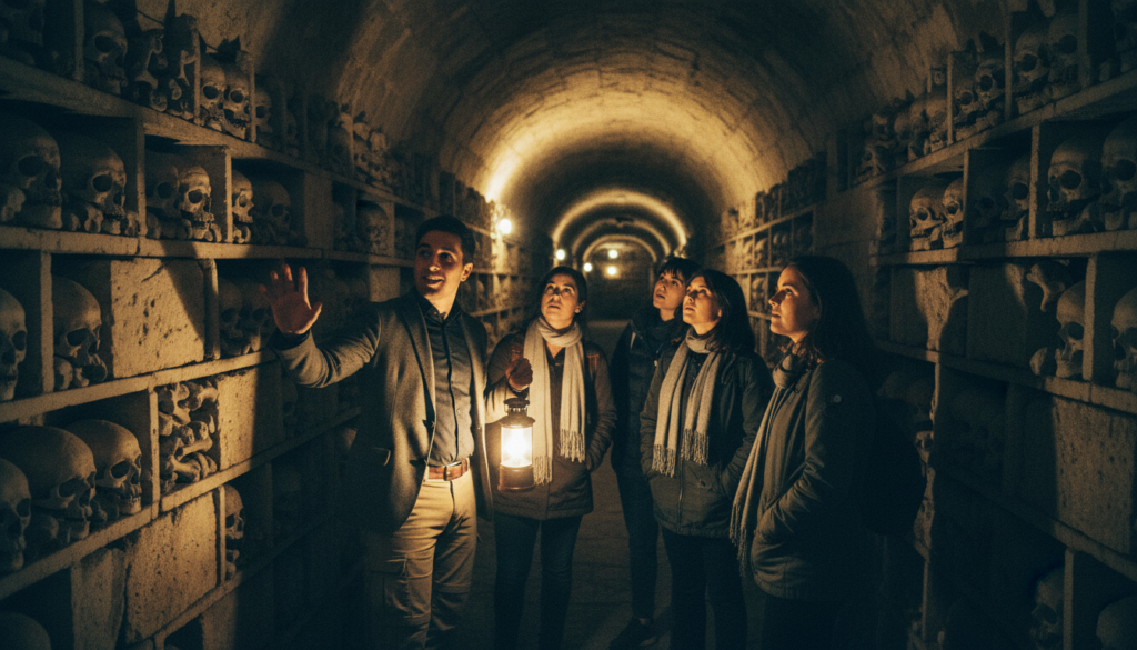 A licensed guide leads a small group of visitors through the eerie and atmospheric Paris catacombs. In the foreground, the guide, dressed in smart casual attire, gestures animatedly, illuminating their face with a soft, warm light. The middle layer showcases the visitors, rapt with attention, surrounded by ancient limestone walls adorned with meticulously arranged skulls and bones, casting intricate shadows. The background reveals the dimly lit, winding passageways of the catacombs, enhanced by cinematic lighting that emphasizes texture and depth. The overall mood is mysterious yet engaging, inviting curiosity about the history of this underground maze. The image should be captured in 8k resolution for stunning clarity and detail.
