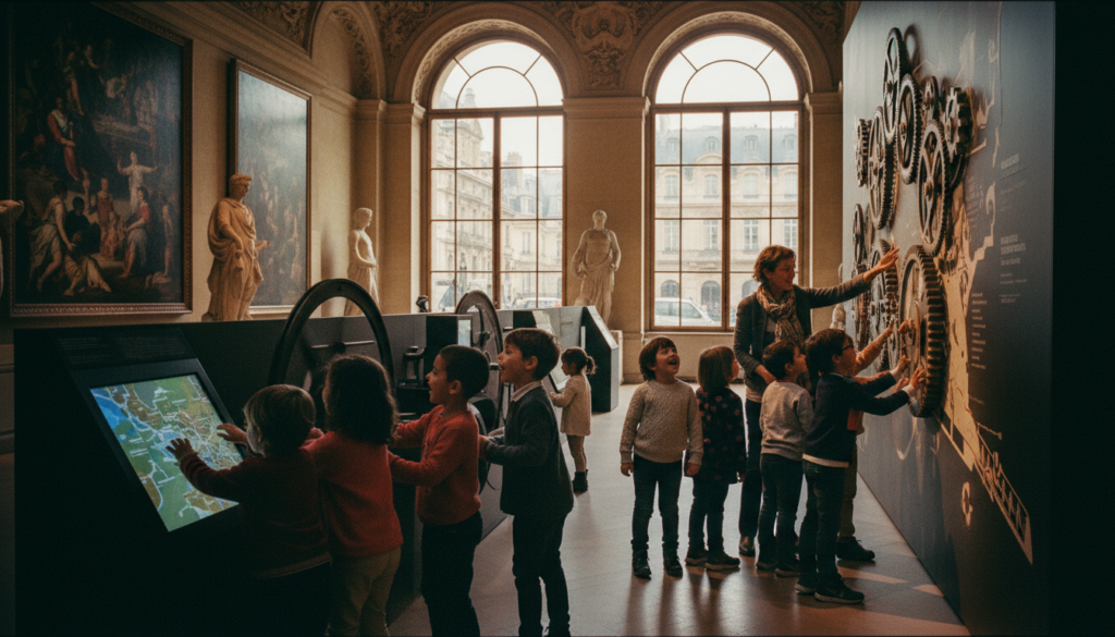 A lively and interactive family-oriented museum tour in Paris showcasing children engaged with exhibits. In the foreground, a diverse group of children, wearing comfortable casual clothing, excitedly explore hands-on displays and artwork, their faces lit with wonder. The middle ground features a supportive adult, perhaps a parent or guide, pointing to an interactive exhibit, creating a sense of connection and engagement. The background showcases the iconic Louvre or Musée d'Orsay architecture with soft, warm lighting filtering through large windows, enhancing the inviting atmosphere. The scene captures the excitement of learning and discovery in a grand museum setting, rendered in stunning detail with 8k resolution and cinematic lighting to emphasize textures and emotions. A lively and interactive family-oriented museum tour in Paris showcasing children engaged with exhibits. In the foreground, a diverse group of children, wearing comfortable casual clothing, excitedly explore hands-on displays and artwork, their faces lit with wonder. The middle ground features a supportive adult, perhaps a parent or guide, pointing to an interactive exhibit, creating a sense of connection and engagement. The background showcases the iconic Louvre or Musée d'Orsay architecture with soft, warm lighting filtering through large windows, enhancing the inviting atmosphere. The scene captures the excitement of learning and discovery in a grand museum setting, rendered in stunning detail with 8k resolution and cinematic lighting to emphasize textures and emotions.