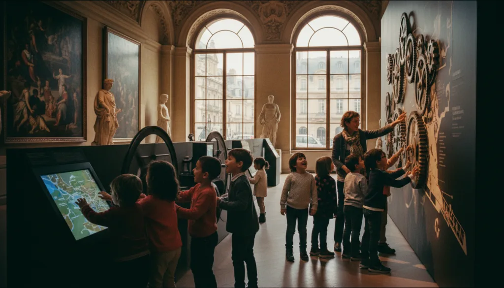 Une visite de musée dynamique et interactive à Paris, idéale pour les familles, mettant en scène des enfants captivés par les expositions. Au premier plan, un groupe d'enfants d'horizons divers, vêtus de tenues décontractées et confortables, explore avec enthousiasme des dispositifs interactifs et des œuvres d'art, leurs visages illuminés d'émerveillement. Au second plan, un adulte attentif, peut-être un parent ou un guide, désigne une exposition interactive, créant ainsi un lien et une implication. En arrière-plan, l'architecture emblématique du Louvre ou du musée d'Orsay se dévoile, baignée d'une douce lumière chaude filtrant à travers de grandes fenêtres, renforçant l'atmosphère accueillante. La scène capture l'enthousiasme de l'apprentissage et de la découverte dans le cadre prestigieux d'un musée, rendu avec une précision époustouflante grâce à une résolution 8K et un éclairage cinématographique qui souligne les textures et les émotions.