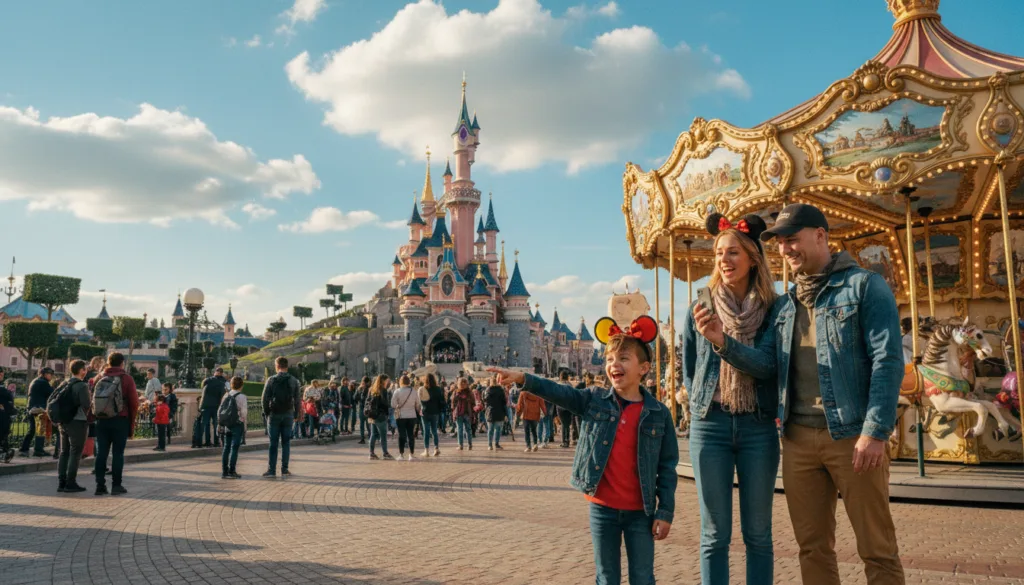 Une famille de quatre personnes, dont deux enfants, explore avec joie Disneyland Paris. Au premier plan, les enfants, coiffés d'oreilles de Mickey colorées, rient en montrant un carrousel fantaisiste. Les parents, vêtus de façon décontractée mais élégante, immortalisent l'instant avec leur smartphone. Au second plan, on aperçoit des attractions emblématiques comme le Château de la Belle au Bois Dormant et d'autres manèges animés, grouillant de visiteurs. En arrière-plan, un ciel d'un bleu éclatant parsemé de nuages ​​blancs duveteux souligne l'atmosphère joyeuse. La scène est baignée d'une lumière chaude et cinématographique, créant une ambiance accueillante. L'image devrait être en résolution 8K, avec des textures très détaillées capturant l'enthousiasme et la magie de cette destination idéale pour les familles.