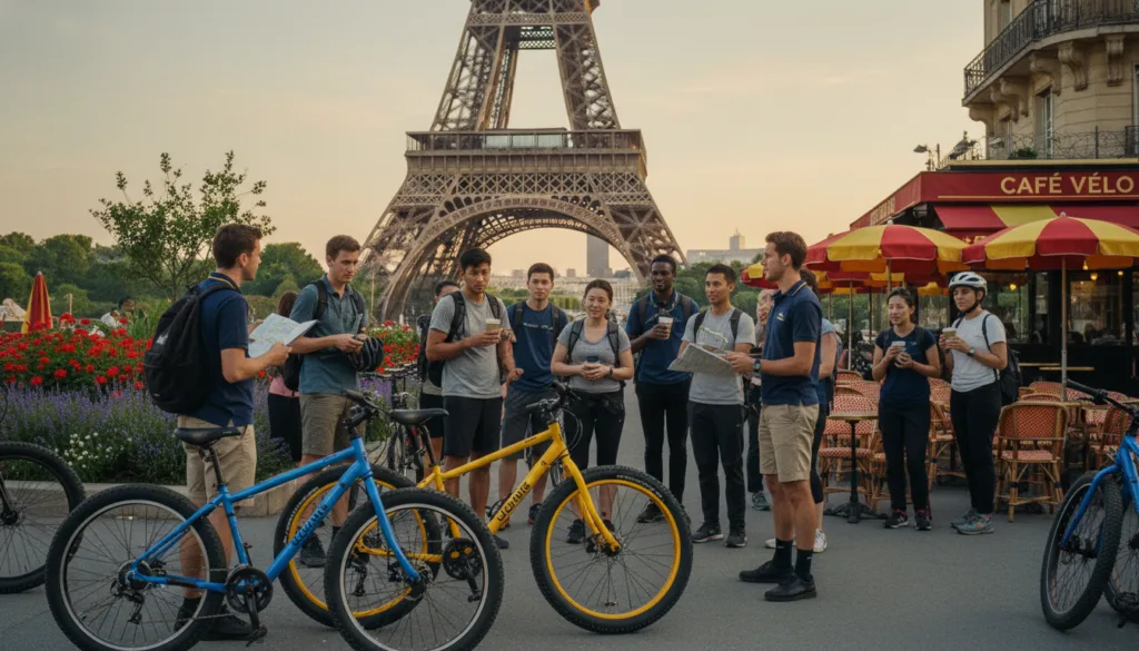 Un animado punto de encuentro para los recorridos en bicicleta de neumáticos anchos cerca de la Torre Eiffel, donde un grupo diverso de turistas con ropa informal se prepara para su excursión. En primer plano, coloridas bicicletas de neumáticos anchos se alinean, con un guía experto vestido con una elegante camisa polo que explica la ruta. En el plano medio, turistas de diversas etnias escuchan con atención, con un fondo de flores en flor y vibrantes sombrillas de café. La icónica Torre Eiffel se alza majestuosamente al fondo, iluminada por la suave luz del atardecer que proyecta tonos dorados sobre la escena. La imagen captura la emoción y la camaradería de explorar París en bicicleta, con una calidad cinematográfica en resolución 8K, que resalta texturas y detalles intrincados.