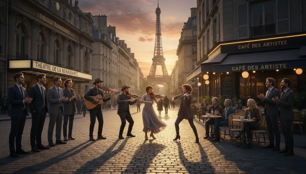 Una escena vibrante en París que muestra recorridos culturales centrados en la música y los espectáculos. En primer plano, un grupo diverso de personas vestidas con ropa formal y ropa informal admira un animado espectáculo callejero con músicos y bailarines. En el plano medio se aprecian elementos emblemáticos de la arquitectura parisina, como un teatro histórico y un acogedor café con terraza, donde los visitantes disfrutan del ambiente. Al fondo, la hermosa silueta de la Torre Eiffel se recorta contra un cielo crepuscular, iluminada por una suave luz cinematográfica que realza los cálidos colores del atardecer. El ambiente es bullicioso pero acogedor, transmitiendo una sensación de riqueza cultural y celebración artística, capturada con gran detalle en resolución 8K para mostrar texturas y expresiones con viveza.