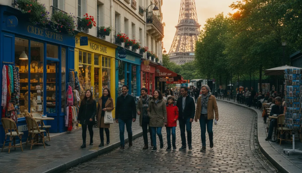 Una escena vibrante de una familia diversa explorando un encantador barrio parisino, capturando la alegría de los recorridos locales. En primer plano, familias de diferentes etnias, vestidas con ropa informal y sencilla, conversan y ríen mientras admiran los vibrantes escaparates repletos de productos locales. En el centro, se aprecian pintorescas calles empedradas bordeadas de cafés con encanto y edificios históricos, con coloridas jardineras en los alféizares de las ventanas. Al fondo, la icónica silueta de la Torre Eiffel se asoma entre los árboles. La imagen está bañada por la cálida luz del atardecer, creando una atmósfera cinematográfica, con texturas muy detalladas en la arquitectura y los elementos de la calle. Captura esta escena en resolución 8K para una nitidez excepcional.