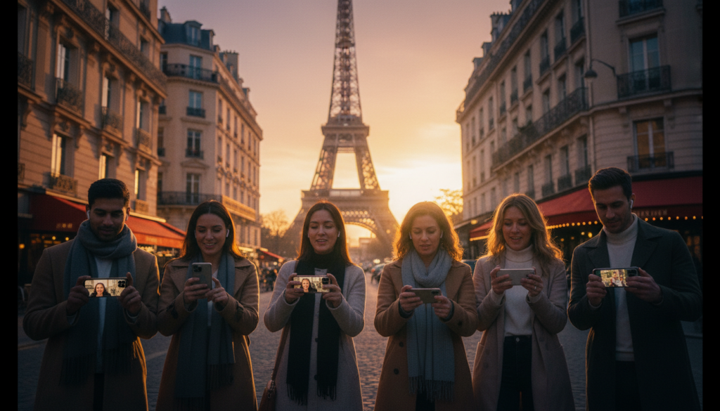 A lively scene of a virtual walking tour in Paris, featuring a diverse, professional group of tourists engaging with a live guide via smartphones while exploring iconic landmarks like the Eiffel Tower and the Louvre. In the foreground, tourists of various ethnicities in modest casual clothing attentively listen to the guide, who is narrating with enthusiasm. The middle ground showcases the elegant architecture of Parisian buildings, and the background reveals the Eiffel Tower softly illuminated by warm sunset light, creating a magical atmosphere. The scene is captured in 8k resolution, utilizing cinematic lighting that highlights textures, with a shallow depth of field focusing on the tourists while subtly capturing the city's charm and essence.
