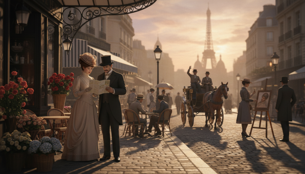 A lively street scene in Paris during the Belle Époque, featuring elegantly dressed tourists exploring a charming cobblestone street lined with historic architecture. In the foreground, a couple in early 20th-century formal attire admires a guidebook, surrounded by quaint cafés and flower shops. In the middle ground, a vintage carriage passes by, while other tourists engage with local artists painting on the sidewalk. The background showcases the iconic silhouettes of Parisian landmarks like the Eiffel Tower and the Sacré-Cœur, bathed in warm, golden hour sunlight. A soft bokeh effect enhances the atmosphere, creating a nostalgic and romantic mood. Captured in a raw photograph style, with highly detailed textures and 8k resolution for an immersive viewing experience.