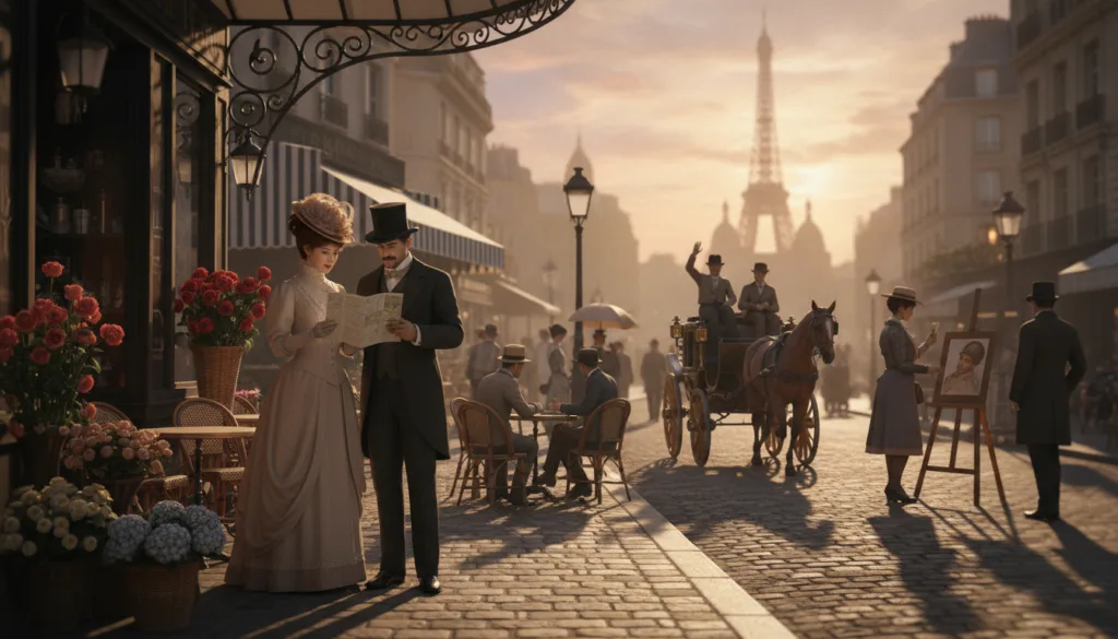Une scène de rue animée à Paris durant la Belle Époque, où des touristes élégamment vêtus explorent une charmante rue pavée bordée de bâtiments historiques. Au premier plan, un couple en tenue de soirée du début du XXe siècle consulte un guide touristique, entouré de cafés pittoresques et de fleuristes. Au second plan, une calèche d'époque passe, tandis que d'autres touristes discutent avec des artistes locaux peignant sur le trottoir. À l'arrière-plan se dessinent les silhouettes emblématiques de monuments parisiens tels que la Tour Eiffel et le Sacré-Cœur, baignées par la douce lumière dorée du crépuscule. Un léger effet bokeh renforce l'atmosphère, créant une ambiance à la fois nostalgique et romantique. Capturée dans un style photographique brut, avec des textures très détaillées et une résolution 8K pour une expérience visuelle immersive. Une scène de rue animée à Paris durant la Belle Époque, où des touristes élégamment vêtus explorent une charmante rue pavée bordée de bâtiments historiques. Au premier plan, un couple en tenue de soirée du début du XXe siècle consulte un guide touristique, entouré de cafés pittoresques et de fleuristes. Au second plan, une calèche d'époque passe, tandis que d'autres touristes discutent avec des artistes locaux peignant sur le trottoir. À l'arrière-plan se dessinent les silhouettes emblématiques de monuments parisiens tels que la Tour Eiffel et le Sacré-Cœur, baignées par la douce lumière dorée du crépuscule. Un léger effet bokeh renforce l'atmosphère, créant une ambiance à la fois nostalgique et romantique. Capturée dans un style photographique brut, avec des textures très détaillées et une résolution 8K pour une expérience visuelle immersive.