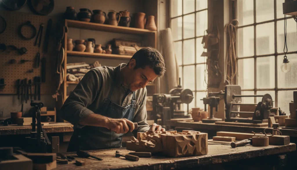 Un artesano local en un taller parisino, mostrando intrincadas creaciones hechas a mano. En primer plano, un artesano concentrado, vestido con ropa informal y sencilla, trabaja con esmero en una hermosa escultura de madera, revelando las detalladas texturas de la madera y las herramientas. En el plano medio, estanterías repletas de diversos productos artesanales, como cerámica y textiles, reflejan la maestría de la vibrante cultura parisina. Al fondo, un pintoresco taller bañado por una cálida iluminación cinematográfica que se filtra a través de grandes ventanales, iluminando las partículas de polvo en el aire. La escena transmite una atmósfera acogedora y atractiva, sugiriendo una rica tradición artesanal y artística. Filmado en resolución 8K con poca profundidad de campo para resaltar el trabajo del artesano.