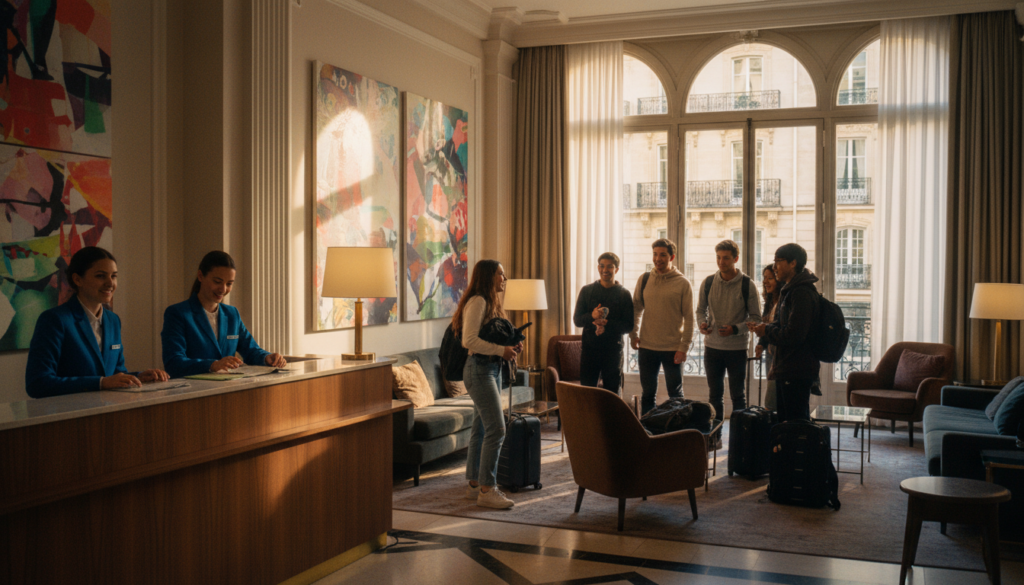 A luxurious EF Tours hotel in Paris, focusing on student groups, with a modern yet cozy lobby featuring plush seating and vibrant artwork. Foreground: a welcoming reception desk attended by friendly staff in professional attire. Middle: a group of diverse students, casually dressed and engaged in conversation, reflecting camaraderie and excitement. Background: elegant French architectural elements like large windows with sheer curtains, allowing soft, warm natural light to fill the space. The atmosphere is inviting and conducive to learning, showcasing a blend of comfort and professionalism. Captured in a raw photograph style with cinematic lighting, emphasizing highly detailed textures, in stunning 8k resolution. A luxurious EF Tours hotel in Paris, focusing on student groups, with a modern yet cozy lobby featuring plush seating and vibrant artwork. Foreground: a welcoming reception desk attended by friendly staff in professional attire. Middle: a group of diverse students, casually dressed and engaged in conversation, reflecting camaraderie and excitement. Background: elegant French architectural elements like large windows with sheer curtains, allowing soft, warm natural light to fill the space. The atmosphere is inviting and conducive to learning, showcasing a blend of comfort and professionalism. Captured in a raw photograph style with cinematic lighting, emphasizing highly detailed textures, in stunning 8k resolution.