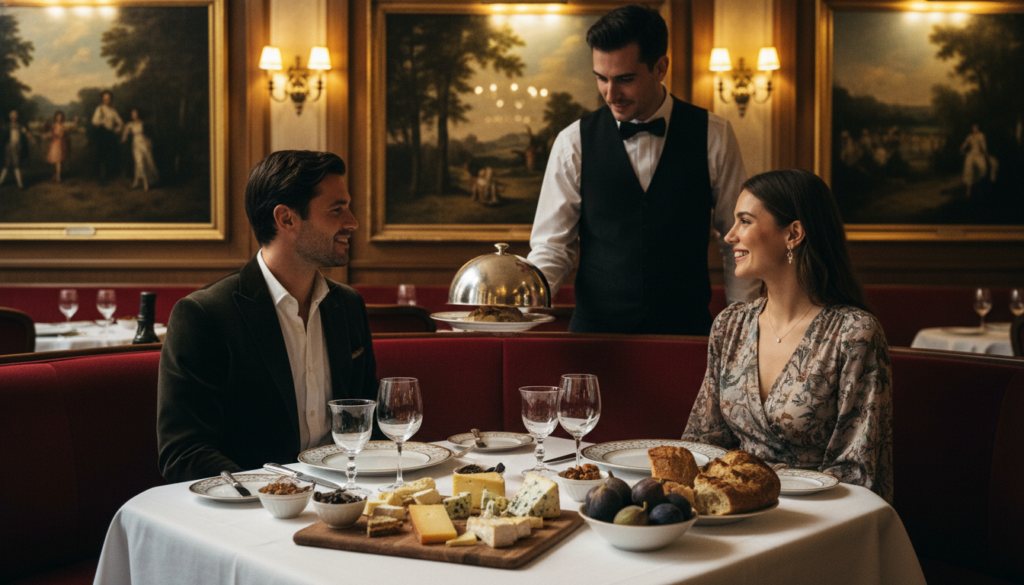 A luxurious Parisian dining scene showcasing a private food experience. In the foreground, an elegantly set table adorned with fine china, crystal glasses, and gourmet dishes, including exotic cheeses and artisanal bread, reflects opulence. In the middle, a waiter in a crisp white shirt and black vest presents a beautifully plated dish, while a couple in stylish yet casual attire enjoys their meal. The background features the romantic ambiance of a dimly lit Parisian bistro, with soft golden lighting highlighting exquisite wall art and plush furnishings. The scene captures the essence of exclusivity and sophistication, evoking a warm, inviting atmosphere. Shot in 8k resolution, with close-up details and cinematic lighting that emphasizes textures and colors, creating an immersive visual experience.