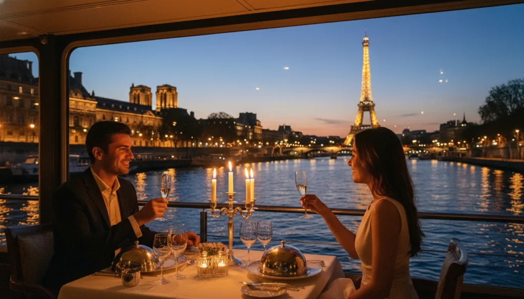 Une croisière-dîner de luxe sur la Seine à Paris au crépuscule, mettant en scène une table magnifiquement dressée à la lueur des bougies, des mets raffinés et une verrerie élégante. Au premier plan, un couple en tenue de soirée élégante savoure son repas, échangeant des sourires sur fond d'eau scintillante. Au second plan, la Seine élégamment éclairée, bordée de bâtiments historiques, se dessine, tandis que l'emblématique Tour Eiffel se détache sur le ciel d'un bleu profond. L'atmosphère est romantique et intime, reflétant la magie des nuits parisiennes. L'image, d'une résolution 8K époustouflante, bénéficie d'un éclairage dynamique et de textures ultra-détaillées, privilégiant la chaleur et le raffinement. Une croisière-dîner de luxe sur la Seine à Paris au crépuscule, mettant en scène une table magnifiquement dressée à la lueur des bougies, des mets raffinés et une verrerie élégante. Au premier plan, un couple en tenue de soirée élégante savoure son repas, échangeant des sourires sur fond d'eau scintillante. Au second plan, la Seine élégamment éclairée, bordée de bâtiments historiques, se dessine, tandis que l'emblématique Tour Eiffel se détache sur le ciel d'un bleu profond. L'atmosphère est romantique et intime, reflétant la magie des nuits parisiennes. L'image, d'une résolution 8K époustouflante, bénéficie d'un éclairage dynamique et de textures ultra-détaillées, privilégiant la chaleur et le raffinement.