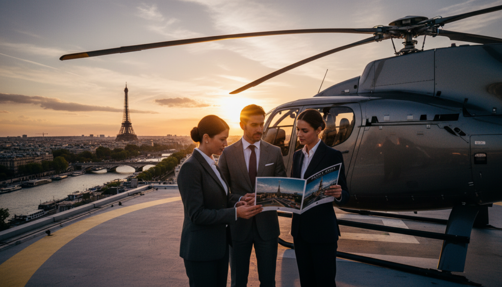 A luxurious helicopter perched on a helipad overlooking the iconic Paris skyline at sunset. In the foreground, elegant individuals in professional business attire are engaged in conversation, with a travel agent presenting an impressive brochure showcasing the helicopter tour options. The middle ground features the sleek helicopter with polished metallic surfaces reflecting the warm golden light. The background showcases the Eiffel Tower and Seine River bathed in the soft glow of dusk, with scattered clouds adding depth to the sky. The scene conveys opulence and adventure, capturing the thrill of booking a high-end experience in one of the world's most romantic cities. Shot with cinematic lighting in 8k resolution, focusing on highly detailed textures and a rich, captivating atmosphere.