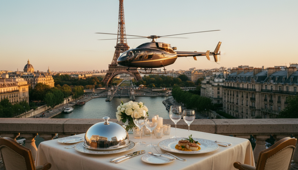A luxurious helicopter soaring above the iconic skyline of Paris, showcasing the Eiffel Tower and the Seine River in the background. In the foreground, an elegant dining table is set for two on a private terrace, adorned with fine china, crystal glassware, and a gourmet meal artfully plated, reflecting the essence of a high-end culinary experience. The scene is illuminated by warm, golden-hour lighting, creating a romantic and opulent atmosphere. The helicopter's sleek design is visible, with the rotors in motion, capturing the dynamic nature of the experience. The image is highly detailed, emphasizing textures of the food, table setting, and the delicate architecture of Paris, rendered in stunning 8k resolution for a cinematic feel.