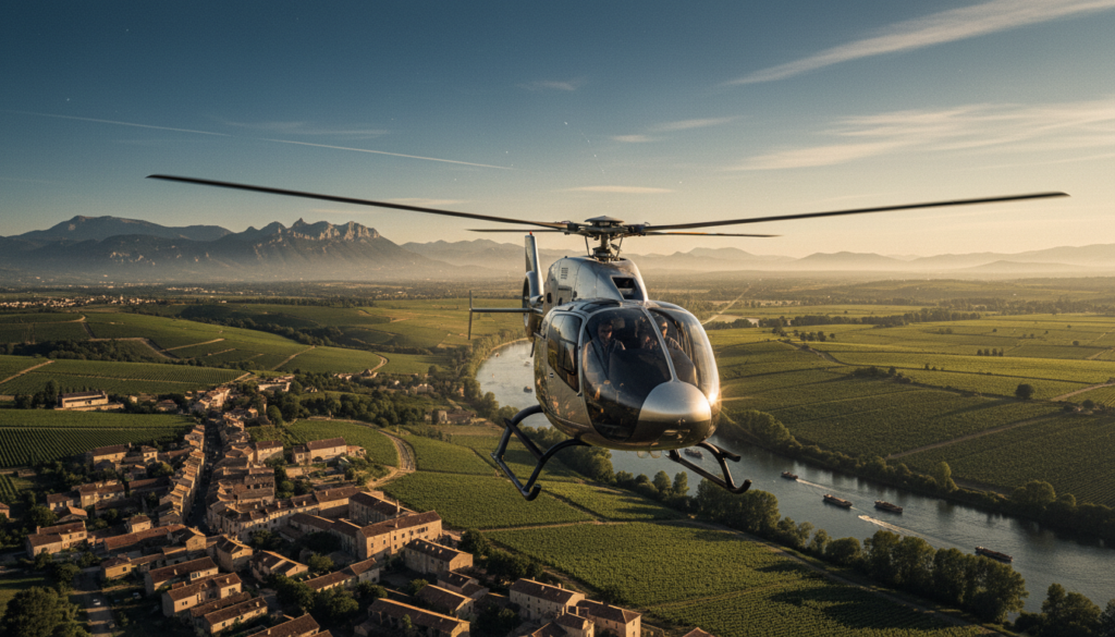 A luxurious helicopter soaring over the picturesque French countryside, capturing a breathtaking view of rolling green hills, charming vineyards, and quaint villages dotted across the landscape. In the foreground, the sleek helicopter features polished metallic surfaces reflecting the sunlight. In the middle ground, the shimmering Seine River snakes through the countryside, with small boats gliding along its surface. The background showcases a stunning vista of distant mountains under a clear blue sky, illuminated with soft, golden hour lighting. The atmosphere exudes a sense of adventure and opulence, inviting viewers to imagine a day trip experience. The scene is rendered in a highly detailed, raw photographic style, with cinematic lighting and textures drawn in 8k resolution, providing striking clarity and depth.