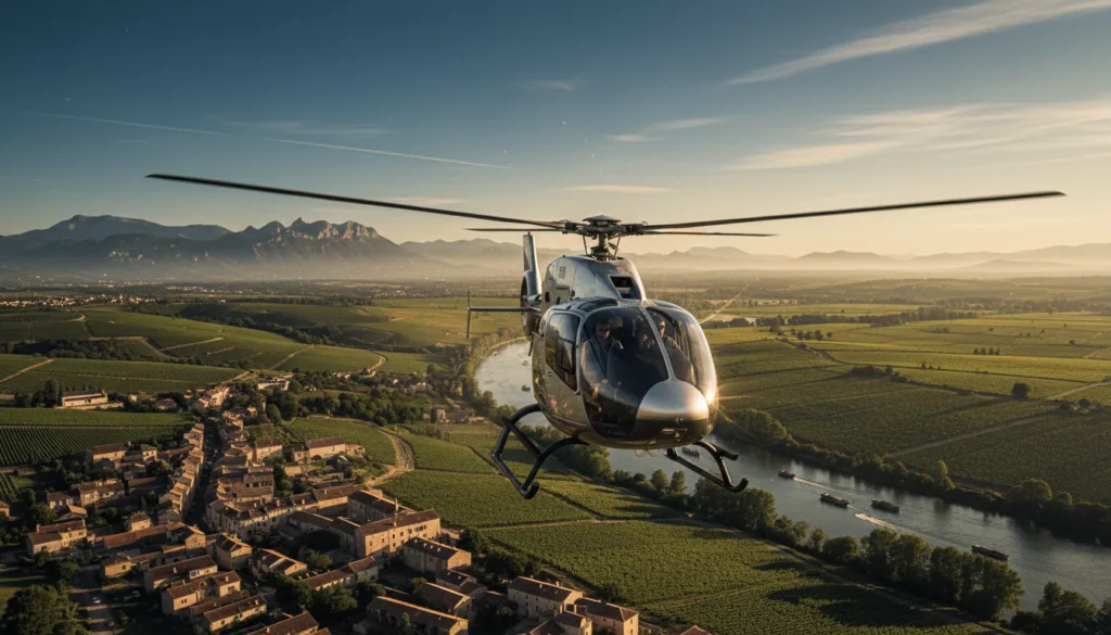 Un hélicoptère luxueux survole la campagne française pittoresque, offrant une vue imprenable sur des collines verdoyantes, de charmants vignobles et de pittoresques villages disséminés dans le paysage. Au premier plan, l'hélicoptère aux lignes élégantes arbore des surfaces métalliques polies qui reflètent la lumière du soleil. Au second plan, la Seine, scintillante, serpente à travers la campagne, tandis que de petites embarcations glissent sur ses eaux. À l'arrière-plan, un panorama époustouflant de montagnes lointaines se dessine sous un ciel d'un bleu limpide, baigné par la douce lumière dorée du crépuscule. L'atmosphère exhale un sentiment d'aventure et de raffinement, invitant le spectateur à s'imaginer une excursion d'une journée. La scène est rendue dans un style photographique brut et extrêmement détaillé, avec un éclairage et des textures cinématographiques dessinés en résolution 8K, offrant une clarté et une profondeur saisissantes. Un hélicoptère luxueux survole la campagne française pittoresque, offrant une vue imprenable sur des collines verdoyantes, de charmants vignobles et de pittoresques villages disséminés dans le paysage. Au premier plan, l'hélicoptère aux lignes élégantes arbore des surfaces métalliques polies qui reflètent la lumière du soleil. Au second plan, la Seine, scintillante, serpente à travers la campagne, tandis que de petites embarcations glissent sur ses eaux. À l'arrière-plan, un panorama époustouflant de montagnes lointaines se dessine sous un ciel d'un bleu limpide, baigné par la douce lumière dorée du crépuscule. L'atmosphère exhale un sentiment d'aventure et de raffinement, invitant le spectateur à s'imaginer une excursion d'une journée. La scène est rendue dans un style photographique brut et extrêmement détaillé, avec un éclairage et des textures cinématographiques dessinés en résolution 8K, offrant une clarté et une profondeur saisissantes.