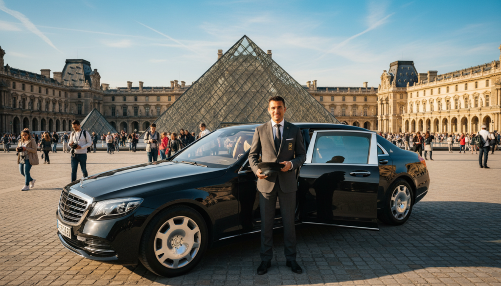 A luxurious, polished black sedan parked elegantly in front of a classic Parisian landmark, like the Eiffel Tower or the Louvre, showcasing the grandeur of a full-day private driver tour. In the foreground, include a stylishly dressed professional driver standing next to the car, wearing a crisp suit and a welcoming smile. The middle section features the iconic architecture of Paris, with bustling avenues and tourists enjoying the scenery. The background reveals a vibrant blue sky with soft, wispy clouds, illuminated by golden sunlight, creating a warm and inviting atmosphere. The scene should be captured with cinematic lighting, using a wide-angle lens to emphasize the grandeur of both the vehicle and its stunning surroundings, in highly detailed textures and 8k resolution.