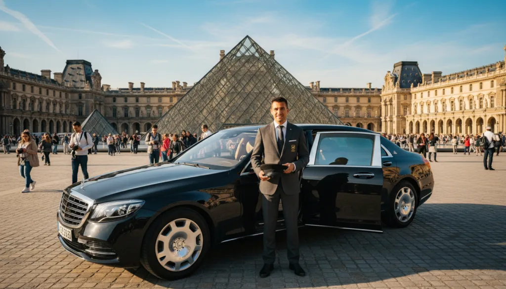 Luxusný, naleštený čierny sedan elegantne zaparkovaný pred klasickou parížskou dominantou, ako je Eiffelova veža alebo Louvre, prezentuje vznešenosť celodenného súkromného zájazdu vodičom. V popredí je štýlovo oblečený profesionálny vodič stojaci vedľa auta v elegantnom obleku s prívetivým úsmevom. Stredná časť zobrazuje ikonickú architektúru Paríža s rušnými ulicami a turistami, ktorí si užívajú scenériu. Pozadie odhaľuje žiarivú modrú oblohu s jemnými, jemnými oblakmi, osvetlenými zlatým slnečným svetlom, ktoré vytvárajú teplú a prívetivú atmosféru. Scéna by mala byť zachytená s filmovým osvetlením, pomocou širokouhlého objektívu, ktorý zdôrazní vznešenosť vozidla aj jeho úžasného okolia, vo vysoko detailných textúrach a rozlíšení 8k.