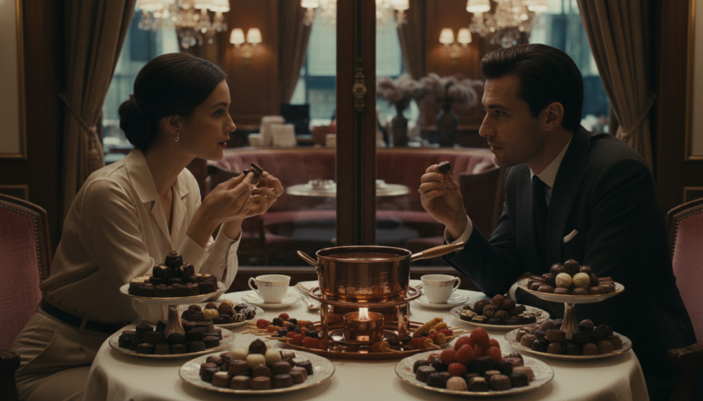 A luxurious private chocolate tasting experience in Paris, featuring an elegant table set with an assortment of gourmet chocolates and rich, artisanal truffles artfully arranged on fine china. In the foreground, a beautifully presented chocolate fondue pot, surrounded by fresh fruits and pretzels, glistens under soft, warm lighting. A sophisticated couple, dressed in stylish business attire, engages in tasting and discussing the chocolates, exuding a sense of intimacy and sophistication. In the middle ground, a backdrop of an opulent Parisian cafe with ornate decor and soft, shadowy details creates an inviting atmosphere. The scene is captured in a cinematic angle, emphasizing the exquisite textures of the chocolates and the lush ambiance, rendered in 8k resolution for crystal-clear detail.