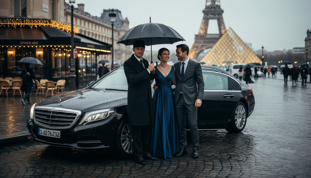 A luxurious private driver tour in Paris, showcasing a sleek, black luxury sedan parked beside iconic landmarks like the Eiffel Tower and the Louvre. In the foreground, a well-dressed driver in a suit stands beside the car, holding an umbrella as the scene captures a light drizzle. The middle ground features a couple dressed elegantly, smiling and enjoying their special occasion as they step out of the vehicle, gazing at the breathtaking view. The background displays a vibrant Parisian street atmosphere with charming cafés and twinkling fairy lights, creating a romantic mood. Capture this moment in cinematic lighting, highlighting the reflections on the wet pavement, with highly detailed textures in 8k resolution, demonstrating the elegance and charm of private driver tours for special occasions.