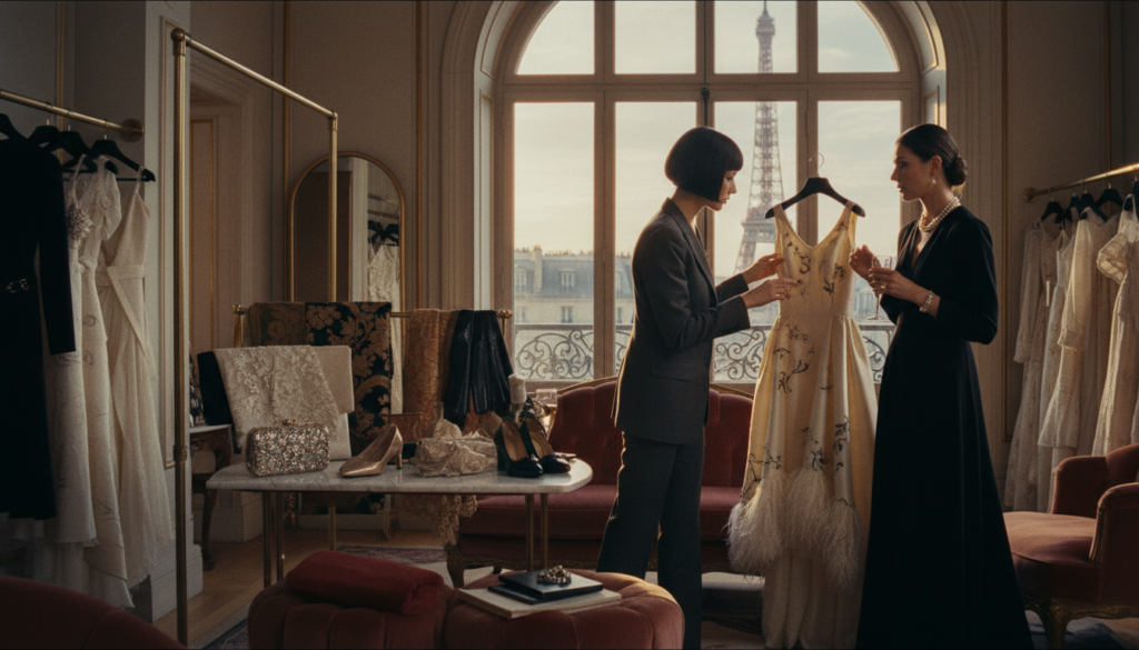 A luxurious private fashion house experience in Paris, featuring a stylishly decorated boutique with elegant displays of high-end garments. In the foreground, a well-dressed fashion consultant in professional attire engages with a client, showcasing a stunning haute couture dress. The middle ground reveals beautifully arranged accessories and fabrics, all under warm, cinematic lighting that enhances the textures and colors. In the background, large windows reveal a view of the iconic Parisian architecture, bathed in soft evening light. The atmosphere is intimate and exclusive, evoking a sense of sophistication and opulence, perfect for a VIP experience. The image is captured in 8k resolution for highly detailed textures and clarity.