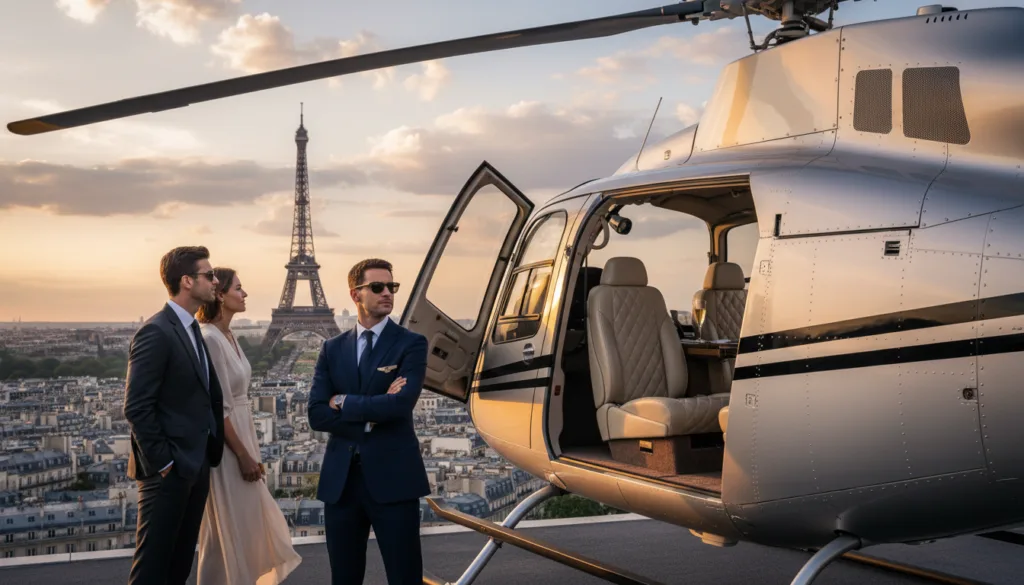 Un luxueux hélicoptère privé survole Paris, dévoilant son design épuré et ses surfaces métalliques polies. Au premier plan, un pilote professionnel en costume se tient avec assurance à côté de l'appareil, tandis qu'un couple élégant admire la vue imprenable sur la Tour Eiffel en arrière-plan. La partie centrale met en valeur la porte ouverte de l'hélicoptère, révélant un intérieur raffiné avec des sièges en cuir et des équipements haut de gamme. Un éclairage doux et chaleureux, digne d'une salle de cinéma, projette de délicats reflets sur l'appareil, créant une atmosphère accueillante. La scène est filmée en résolution 8K, accentuant les textures très détaillées de l'hélicoptère et le panorama parisien, et évoquant un sentiment de luxe et d'exclusivité pour cette expérience de vol privé exceptionnelle. Un luxueux hélicoptère privé survole Paris, dévoilant son design épuré et ses surfaces métalliques polies. Au premier plan, un pilote professionnel en costume se tient avec assurance à côté de l'appareil, tandis qu'un couple élégant admire la vue imprenable sur la Tour Eiffel en arrière-plan. La partie centrale met en valeur la porte ouverte de l'hélicoptère, révélant un intérieur raffiné avec des sièges en cuir et des équipements haut de gamme. Un éclairage doux et chaleureux, digne d'une salle de cinéma, projette de délicats reflets sur l'appareil, créant une atmosphère accueillante. La scène est filmée en résolution 8K, accentuant les textures très détaillées de l'hélicoptère et le panorama parisien, et évoquant un sentiment de luxe et d'exclusivité pour cette expérience de vol privé exceptionnelle.