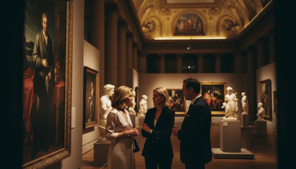 Une visite privée et luxueuse d'un musée parisien, offrant une expérience intime au cœur d'œuvres d'art exceptionnelles. Au premier plan, un petit groupe de personnes élégamment vêtues, dont un guide expert en tenue professionnelle, discute avec passion d'un tableau célèbre. Au second plan, une superbe collection d'œuvres classiques, baignée d'une lumière douce et chaleureuse, révèle la richesse des couleurs et des textures. À l'arrière-plan, l'architecture majestueuse du musée, avec ses hauts plafonds et ses détails raffinés, crée une atmosphère prestigieuse. La scène est filmée avec un éclairage cinématographique et un objectif de 85 mm, accentuant la profondeur et la netteté. L'ambiance est raffinée et sophistiquée, capturant le charme des visites VIP nocturnes, où l'art prend vie dans un cadre exclusif et enchanteur. La haute définition et la résolution 8K subliment la qualité visuelle.