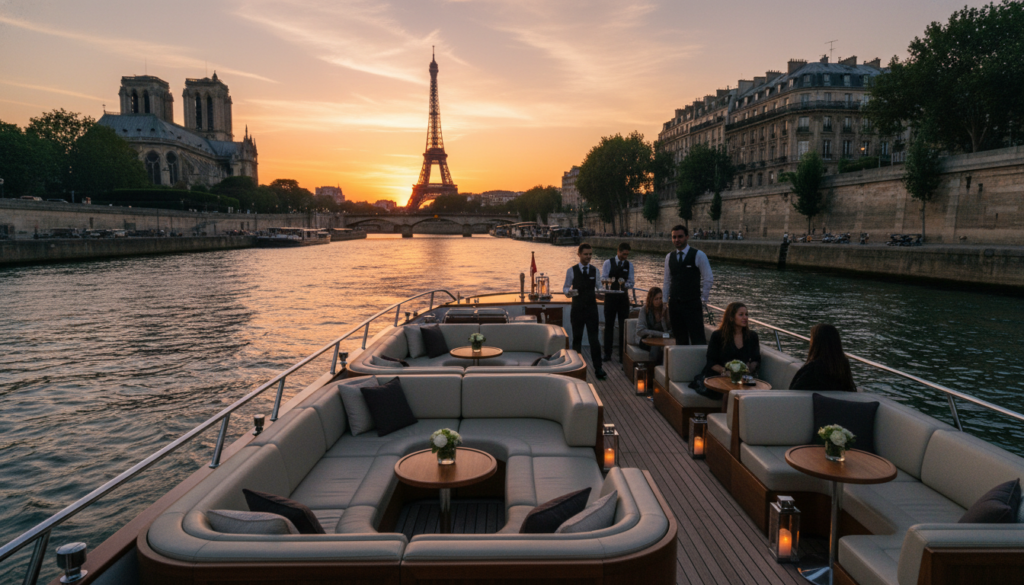 A luxurious private river boat glides smoothly along the Seine, surrounded by the iconic, historic architecture of Paris. In the foreground, a sleek, elegant boat boasts plush seating and tasteful decorations, with attentive staff dressed in professional attire. In the middle ground, the Seine shimmers under the warm glow of sunset, reflecting the soft golden hues of the sky. The backdrop features famous landmarks like the Eiffel Tower and Notre-Dame, silhouetted against the vibrant sky. The scene captures the essence of opulence and tranquility, with cinematic lighting enhancing the details of the boat and the serene water. The image is rendered in stunning 8k resolution, showcasing highly detailed textures and an inviting atmosphere perfect for luxury escapes.