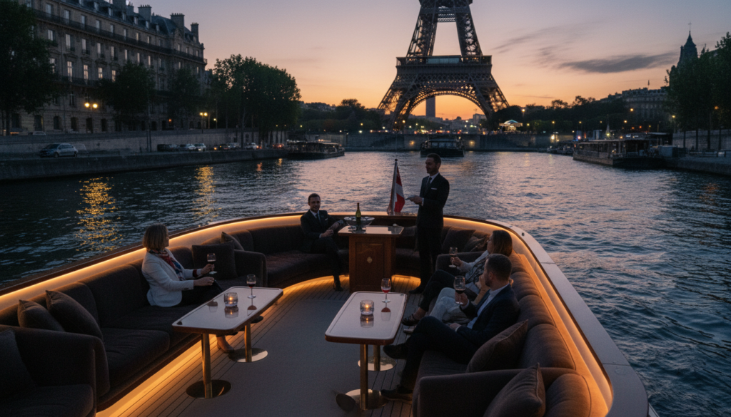 A luxurious private yacht gliding along the Seine River, surrounded by the iconic Parisian skyline. In the foreground, a beautifully designed yacht features plush seating, elegant decor, and subtle ambient lighting, inviting guests to relax. The middle ground showcases calm waters reflecting the evening sky, with hints of golden hour sunlight casting a warm glow. In the background, the Eiffel Tower stands majestically, framed by charming Parisian architecture along the riverbanks. Guests, dressed in smart casual attire, enjoy personalized service while sipping fine wine and taking in the breathtaking views. The atmosphere is serene and sophisticated, conveying a sense of exclusivity and indulgence. Capture this scene in highly detailed textures and cinematic lighting, ensuring an 8k resolution for clarity and richness.