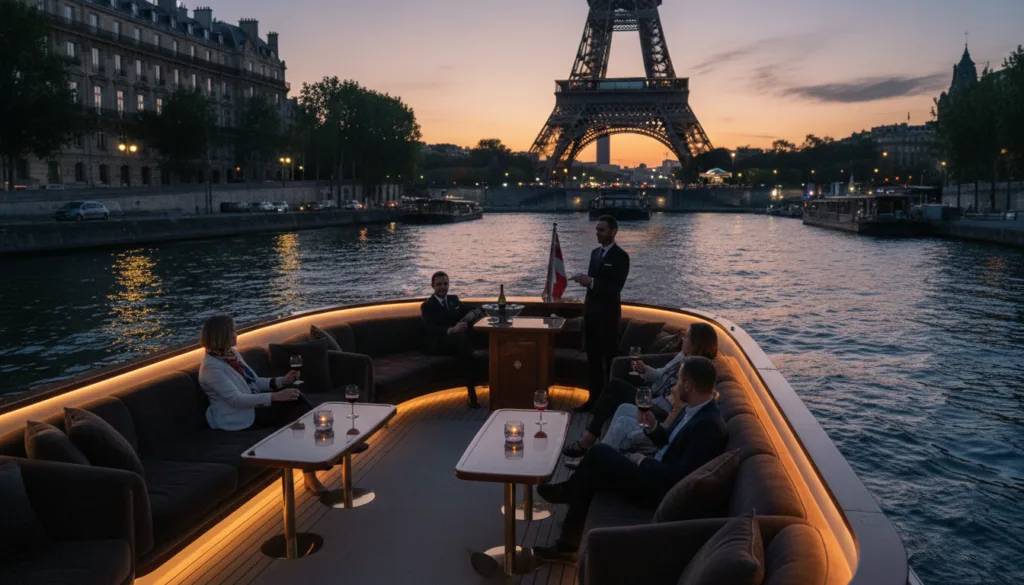 Un lujoso yate privado se desliza por el río Sena, rodeado por el icónico horizonte parisino. En primer plano, un yate de diseño exquisito cuenta con cómodos asientos, una decoración elegante y una iluminación ambiental sutil que invita a los huéspedes a relajarse. En el plano medio, las tranquilas aguas reflejan el cielo vespertino, con destellos de la luz dorada del atardecer que proyectan un cálido resplandor. Al fondo, la Torre Eiffel se alza majestuosa, enmarcada por la encantadora arquitectura parisina a lo largo de las orillas del río. Los huéspedes, vestidos con elegante atuendo informal, disfrutan de un servicio personalizado mientras degustan un buen vino y contemplan las impresionantes vistas. El ambiente es sereno y sofisticado, transmitiendo una sensación de exclusividad y placer. Capture esta escena con texturas de gran detalle e iluminación cinematográfica, garantizando una resolución 8K para una claridad y riqueza excepcionales.