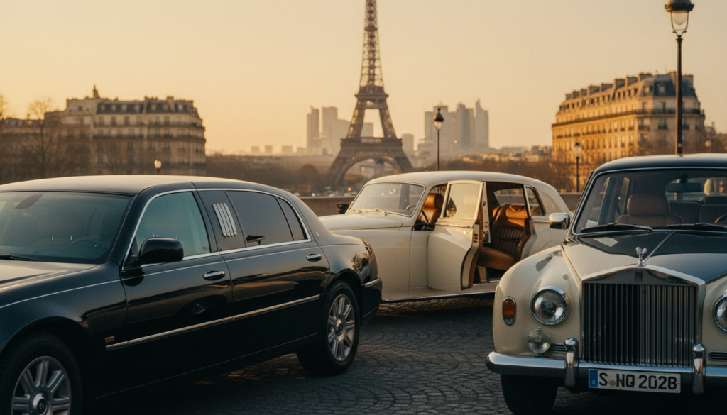 A luxurious scene showcasing an array of premium vehicles ideal for private driver tours in Paris. In the foreground, a sleek black limousine and an elegant SUV, both polished to perfection, gleam under soft, cinematic lighting. The middle ground features a classic luxury sedan with rich leather interior visible through the window, capturing the essence of comfort and sophistication. In the background, iconic Parisian architecture softly blurs, with hints of the Eiffel Tower and scenic Parisian streets. The atmosphere is warm and inviting, evoking a sense of exclusivity and adventure. Shot with a wide-angle lens in 8k resolution, emphasize highly detailed textures of the vehicles and the charming Paris backdrop.