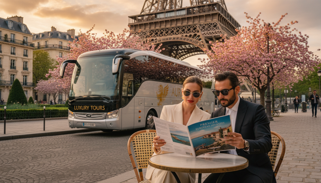 A luxurious travel scene depicting premium Europe tours beginning in Paris. In the foreground, a stylish couple dressed in elegant business attire admires a high-end travel brochure featuring scenic destinations like the French Riviera and Venice. In the middle ground, a sophisticated tour bus adorned with the logo of a luxury travel company awaits, parked beside the iconic Eiffel Tower, with trees blooming in spring behind it. The background showcases a picturesque Parisian street, bathed in warm, golden hour lighting, enhancing the lush green of nearby gardens and the historic architecture of Paris. The atmosphere is upscale and inviting, evoking a sense of wanderlust for affluent travelers. The image is captured in 8k resolution, with rich textures and cinematic lighting for a polished, professional look. A luxurious travel scene depicting premium Europe tours beginning in Paris. In the foreground, a stylish couple dressed in elegant business attire admires a high-end travel brochure featuring scenic destinations like the French Riviera and Venice. In the middle ground, a sophisticated tour bus adorned with the logo of a luxury travel company awaits, parked beside the iconic Eiffel Tower, with trees blooming in spring behind it. The background showcases a picturesque Parisian street, bathed in warm, golden hour lighting, enhancing the lush green of nearby gardens and the historic architecture of Paris. The atmosphere is upscale and inviting, evoking a sense of wanderlust for affluent travelers. The image is captured in 8k resolution, with rich textures and cinematic lighting for a polished, professional look.