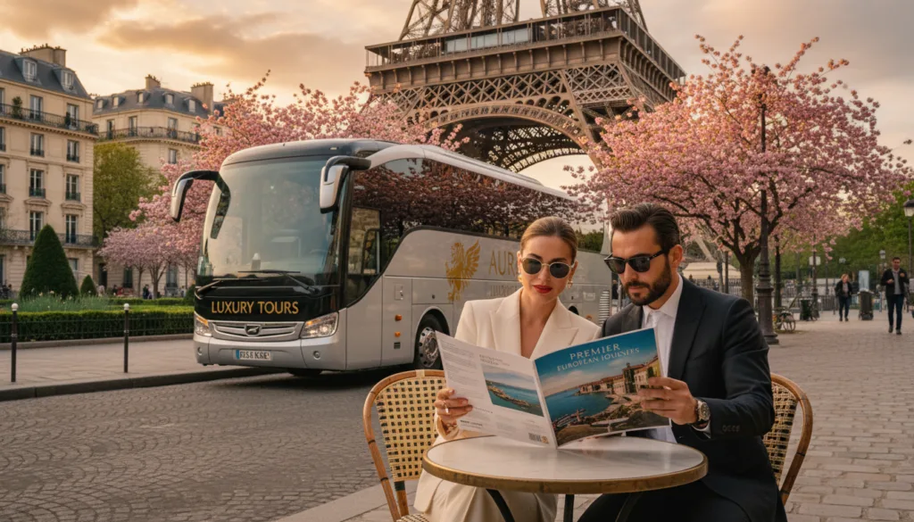 Una lujosa escena de viaje que muestra tours exclusivos por Europa con inicio en París. En primer plano, una elegante pareja vestida con ropa de negocios admira un folleto turístico de alta gama con destinos paradisíacos como la Riviera Francesa y Venecia. En el plano medio, un sofisticado autobús turístico, adornado con el logotipo de una agencia de viajes de lujo, espera estacionado junto a la icónica Torre Eiffel, con árboles en flor primaveral al fondo. El paisaje muestra una pintoresca calle parisina, bañada por la cálida luz del atardecer, que realza el verde exuberante de los jardines cercanos y la arquitectura histórica de París. El ambiente es sofisticado y acogedor, evocando el deseo de viajar en viajeros adinerados. La imagen está capturada en resolución 8K, con ricas texturas e iluminación cinematográfica para una apariencia pulida y profesional. Una lujosa escena de viaje que muestra tours exclusivos por Europa con inicio en París. En primer plano, una elegante pareja vestida con ropa de negocios admira un folleto turístico de alta gama con destinos paradisíacos como la Riviera Francesa y Venecia. En el plano medio, un sofisticado autobús turístico, adornado con el logotipo de una agencia de viajes de lujo, espera estacionado junto a la icónica Torre Eiffel, con árboles en flor primaveral al fondo. El paisaje muestra una pintoresca calle parisina, bañada por la cálida luz del atardecer, que realza el verde exuberante de los jardines cercanos y la arquitectura histórica de París. El ambiente es sofisticado y acogedor, evocando el deseo de viajar en viajeros adinerados. La imagen está capturada en resolución 8K, con ricas texturas e iluminación cinematográfica para una apariencia pulida y profesional.